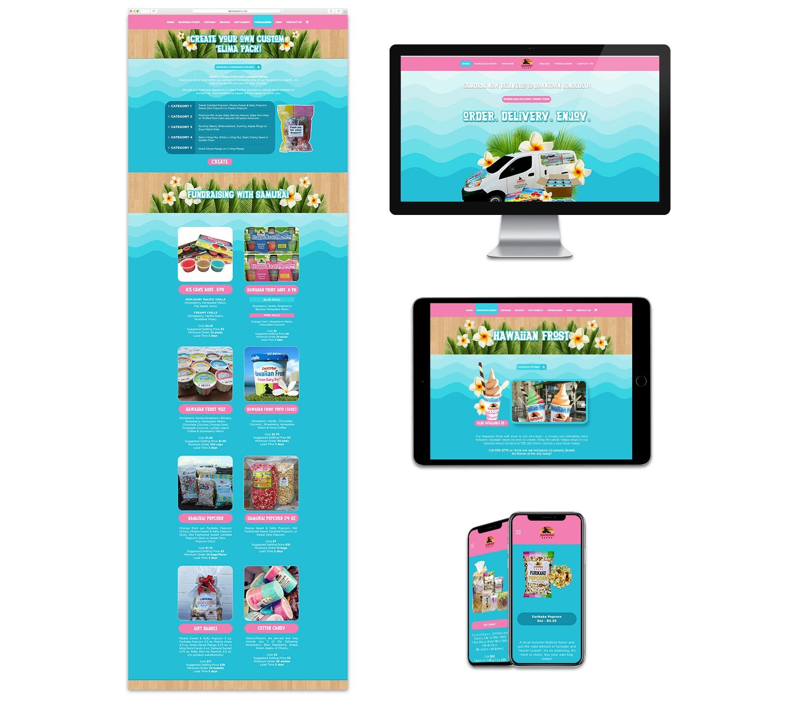 Hawaiian Frost website mockup on a laptop and smartphone, showing the homepage with soft serve cups, plumeria flowers, and a download menu button