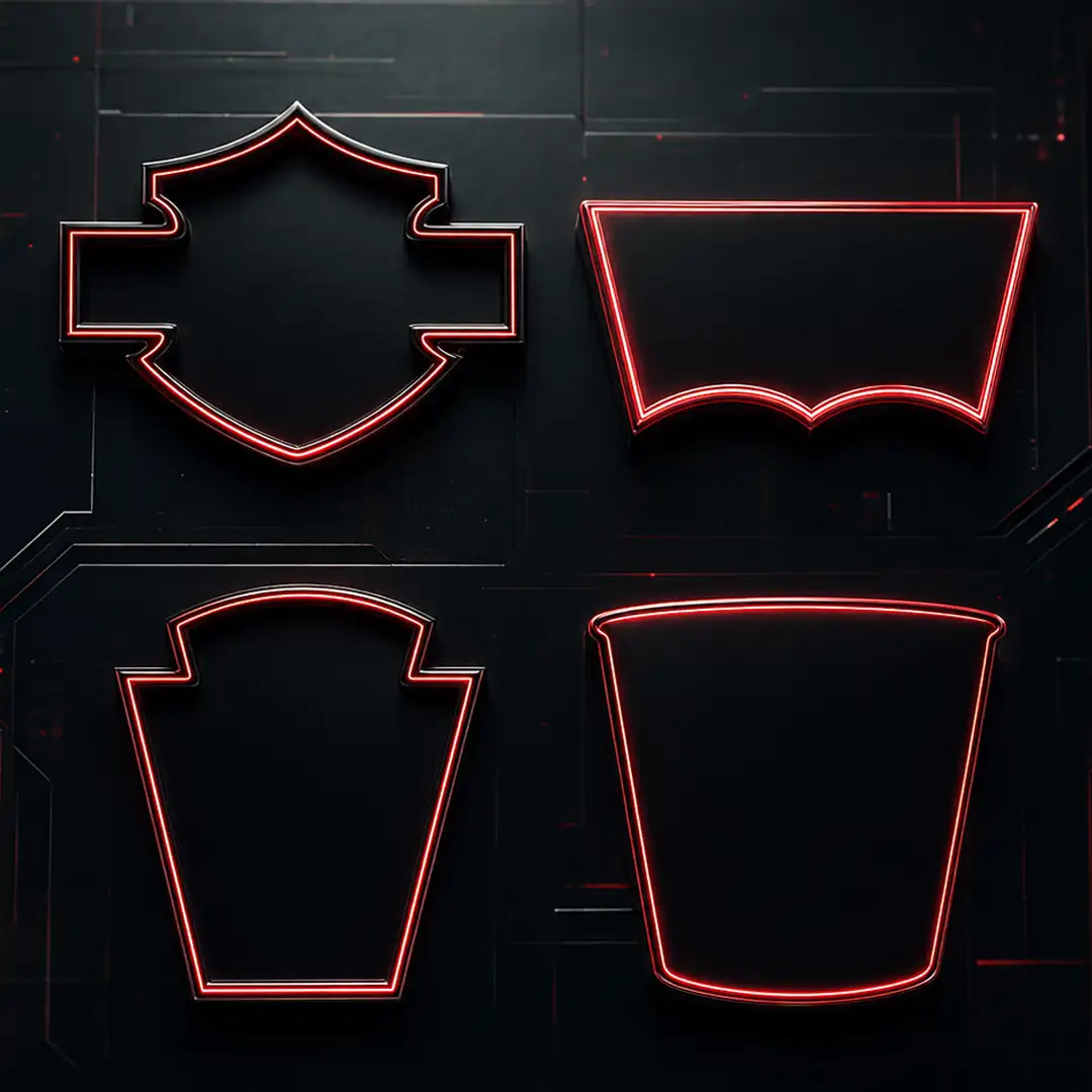 Brand shape marks used by KFC, Levi's, Heinz, and Harley-Davidson as standalone visual identity assets