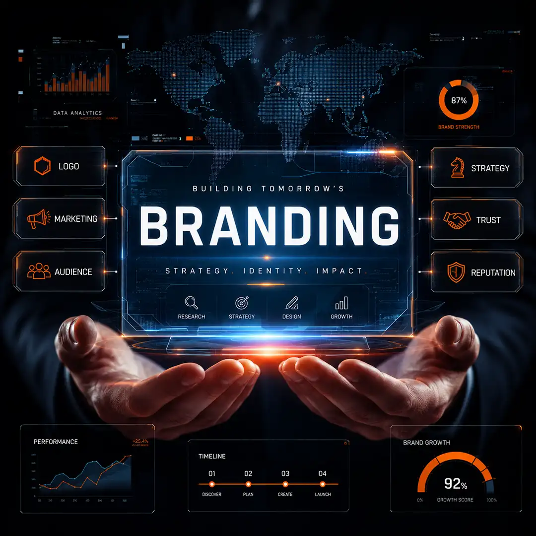 A futuristic digital branding interface displayed as a holographic dashboard floating above two hands. The scene features a glowing world map, data analytics panels, strategy and trust icons, performance charts, and advanced UI elements accented with vibrant orange and blue lighting, symbolizing modern brand strategy, innovation, and global growth.