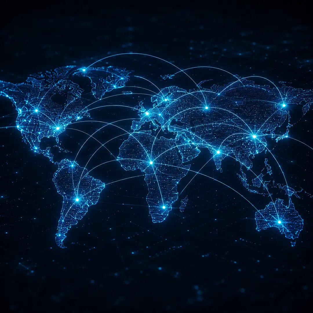 Futuristic digital world map with glowing network connections visualizing global collaboration and access to international graphic design talent through outsourcing.