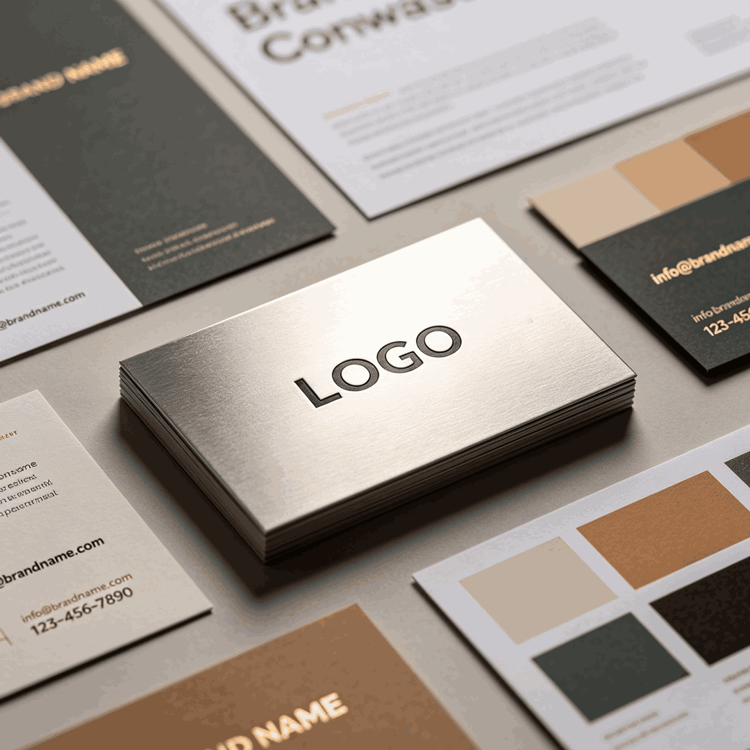 1080×1080 featured brand design image: A premium metallic business card at the center displays bold "LOGO" text, surrounded by matching brand assets including letterheads, flyers, secondary business cards, and official color palettes — highlighting consistent typography, color usage, and complete brand identity presentation.