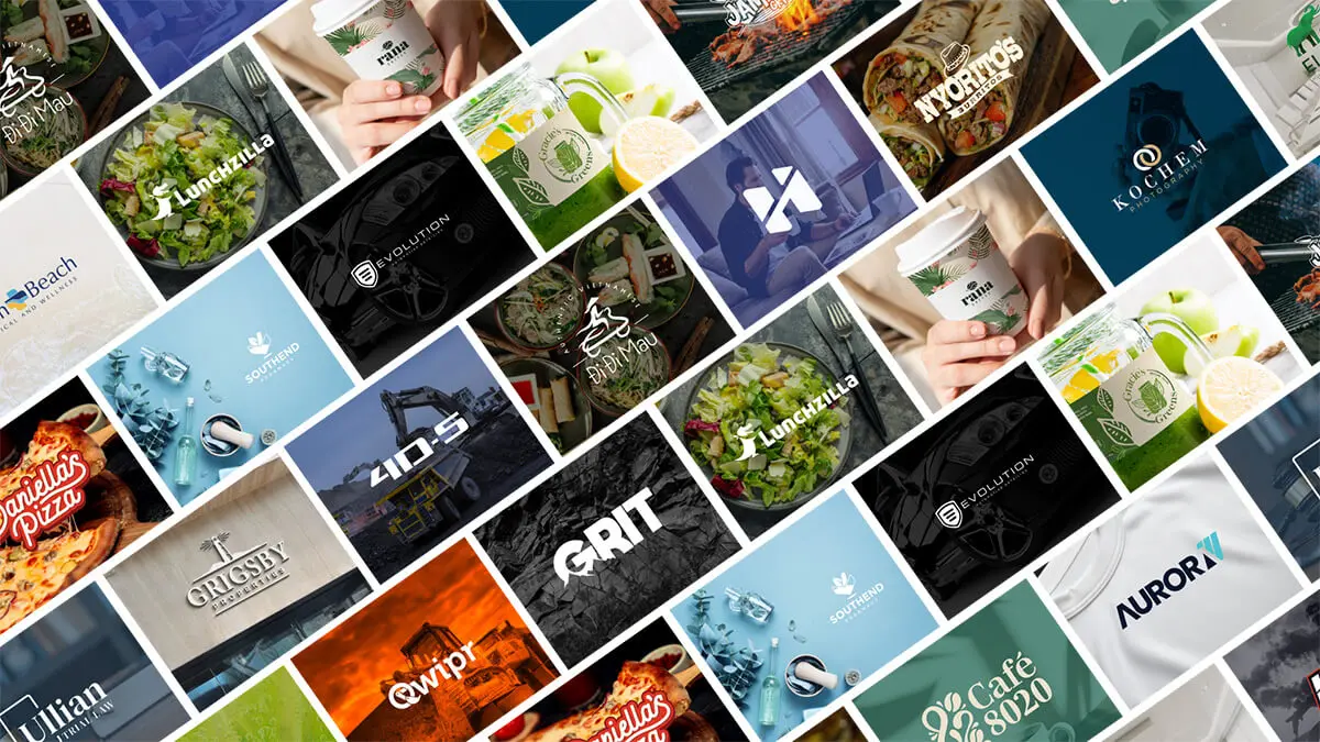 Collage grid showcasing diverse brand identity projects: logos, packaging, and branded photography for food, hospitality, construction, and professional services businesses including Lunchzilla, Daniella’s Pizza, Riana, Grit, and Southend.