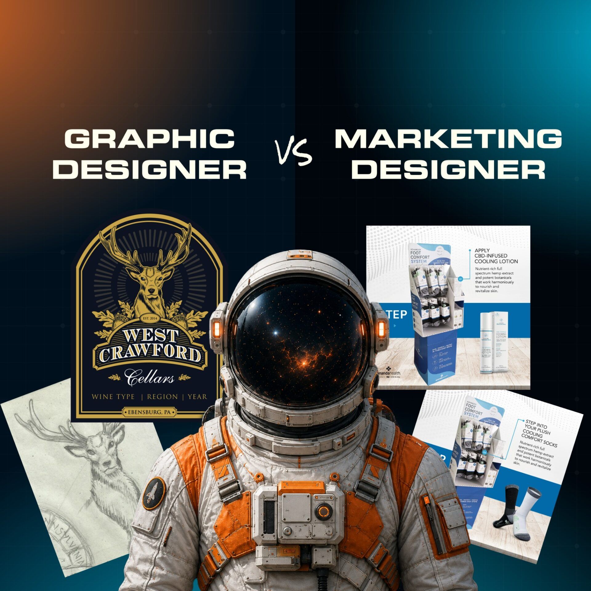 Futuristic split-toned graphic showing the comparison between Graphic Designer and Marketing Designer, set against a dark technical grid background with a central astronaut figure, blending modern digital design aesthetics with a high-tech professional theme.