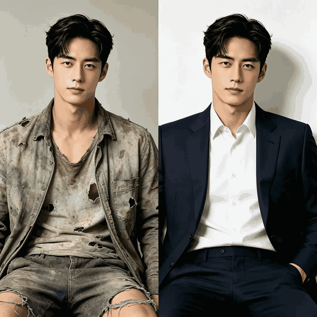 Split portrait illustrating the difference between logo and brand identity: the man’s clean, consistent face represents the core brand/logo that stays recognizable; his left outfit is worn, torn, and soiled, while his right outfit is sharp and tailored—showing how brand identity shapes how that core is perceived through presentation, tone, and style.