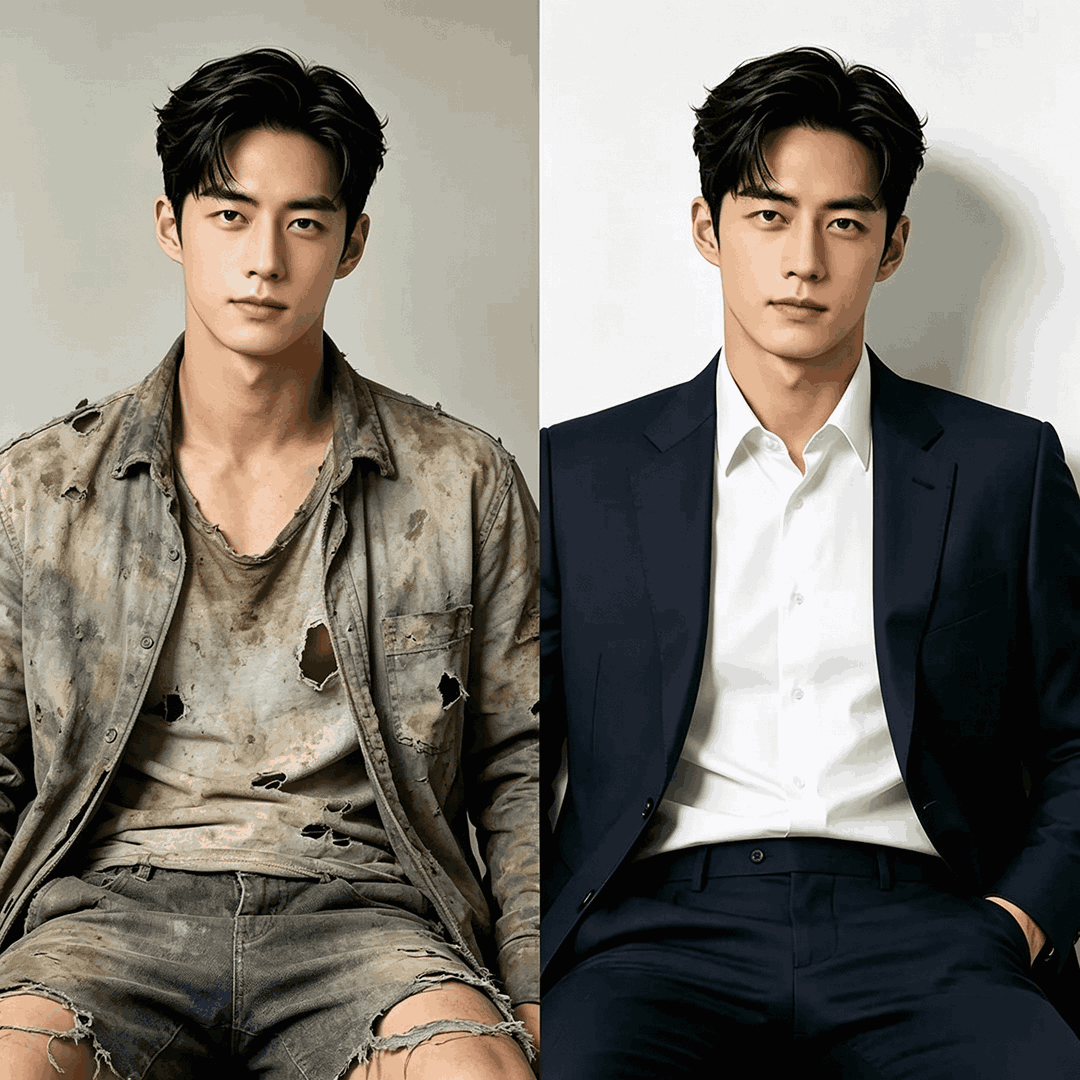 Split portrait illustrating the difference between logo and brand identity: the man’s clean, consistent face represents the core brand/logo that stays recognizable; his left outfit is worn, torn, and soiled, while his right outfit is sharp and tailored—showing how brand identity shapes how that core is perceived through presentation, tone, and style.