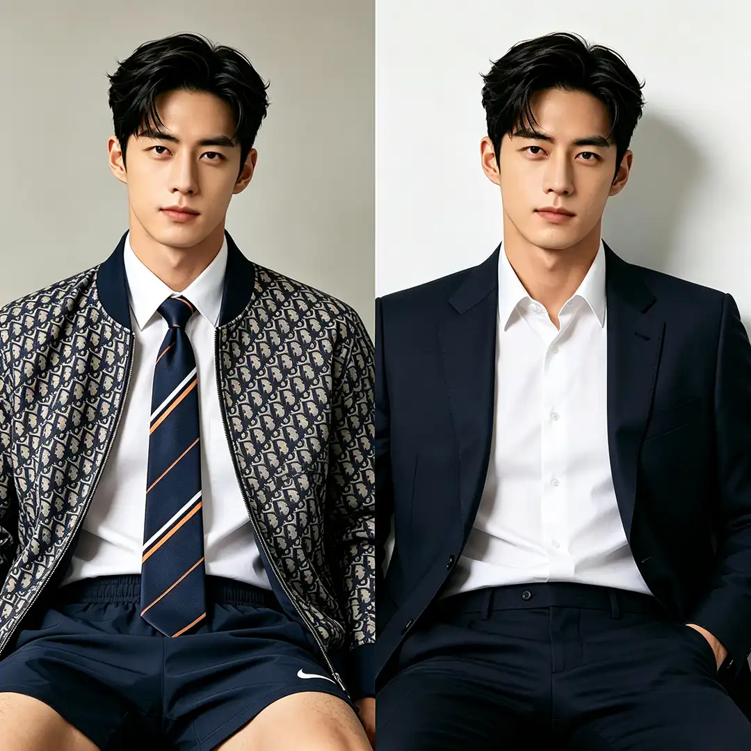 Side-by-side outfit comparison of a male model — left: patterned bomber jacket with a striped tie and navy shorts, right: navy business suit with a white dress shirt.