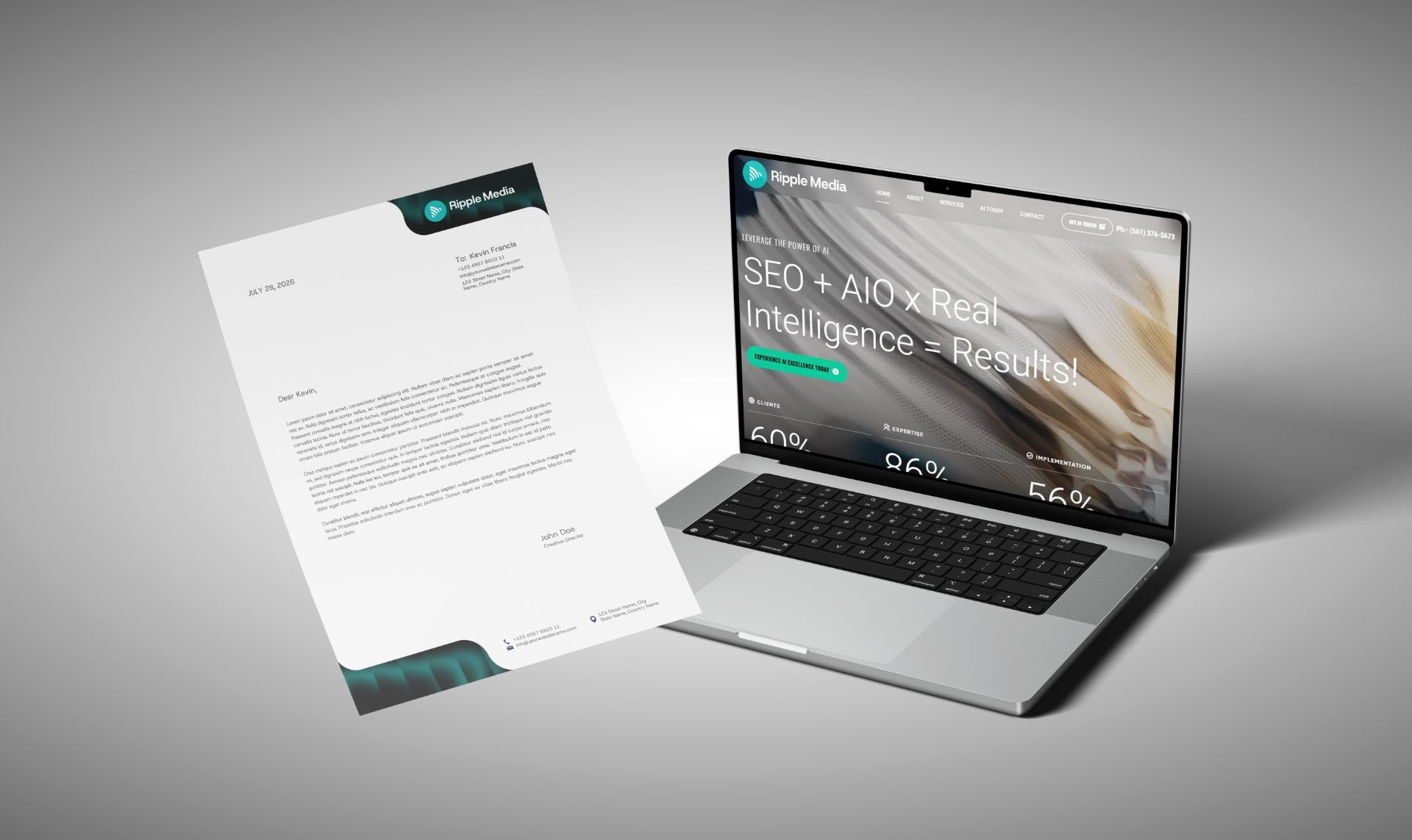 Professional brand assets for Ripple Media, featuring custom letterhead design and a modern website interface showcasing SEO, AI, and intelligence-driven marketing solutions.