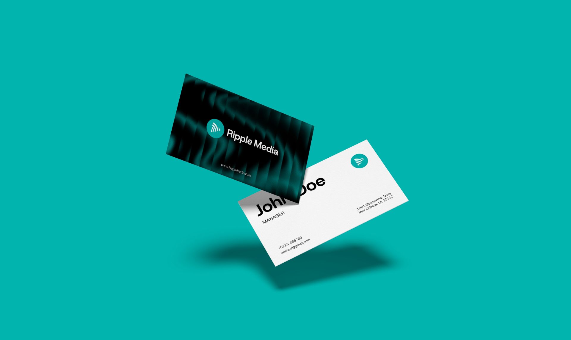 Clean, modern business card mockup for Ripple Media, displaying the brand’s logo, contact details, and signature teal-and-black visual identity.