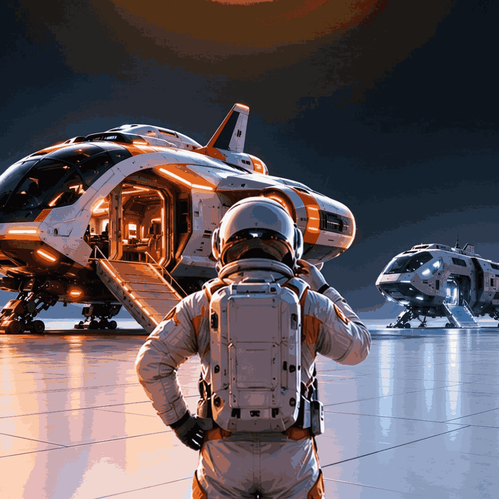 Back view of an astronaut in a white-and-orange spacesuit standing on a smooth, moon-like surface with fewer scattered rocks, looking toward two futuristic white-and-orange landing shuttles with glowing orange lights and open boarding ramps, under a dark twilight sky — visual metaphor for choosing the right design agency to launch your vision forward.