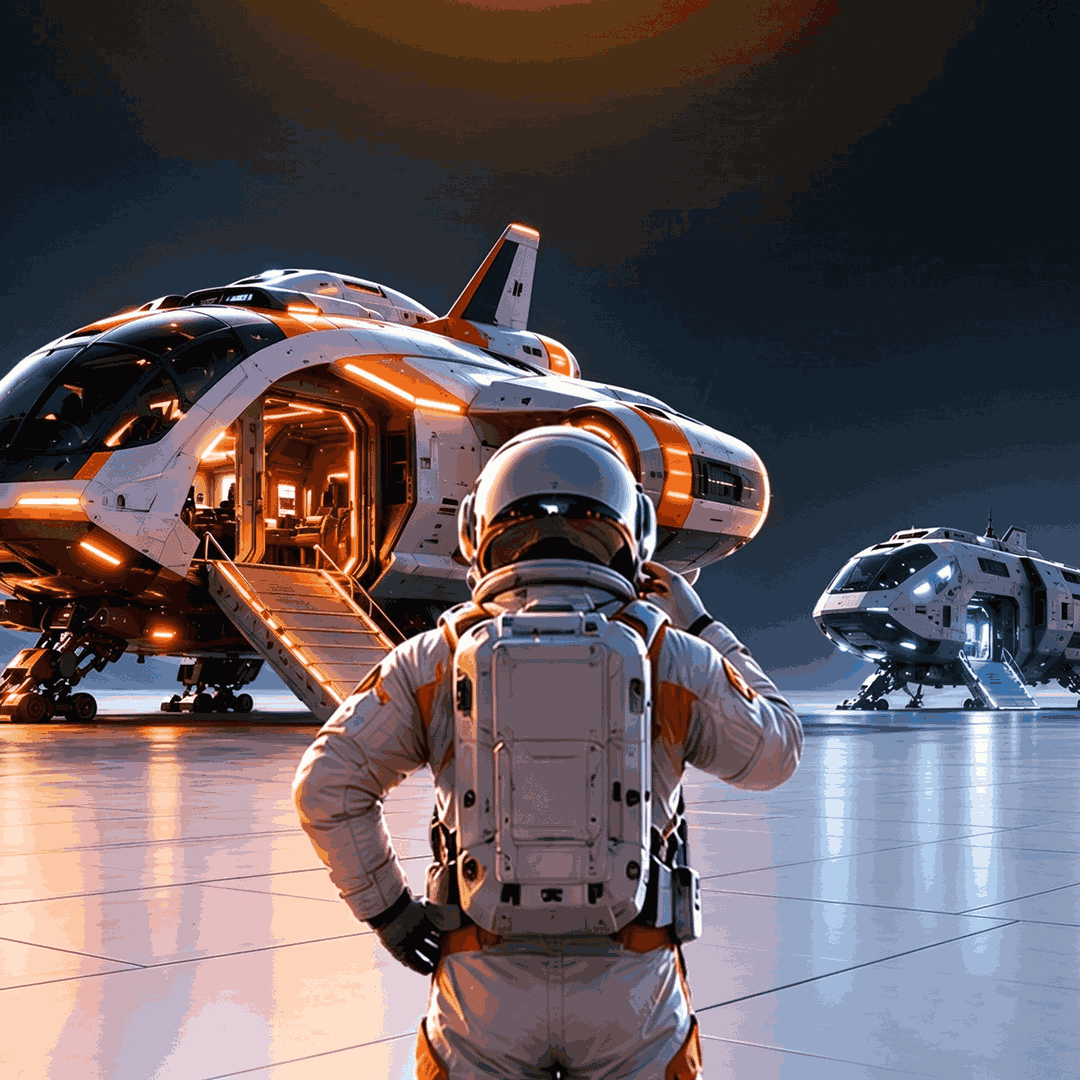 Back view of an astronaut in a white-and-orange spacesuit standing on a smooth, moon-like surface with fewer scattered rocks, looking toward two futuristic white-and-orange landing shuttles with glowing orange lights and open boarding ramps, under a dark twilight sky — visual metaphor for choosing the right design agency to launch your vision forward.