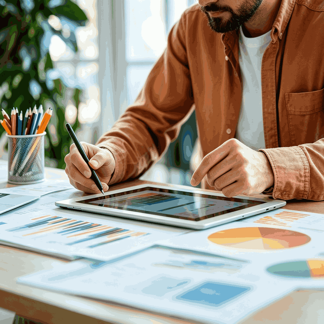 Designer working on a digital tablet at a desk covered with brand identity charts, color graphs, and documents, with markers and laptop nearby, bright natural light, branding and analytics planning concept