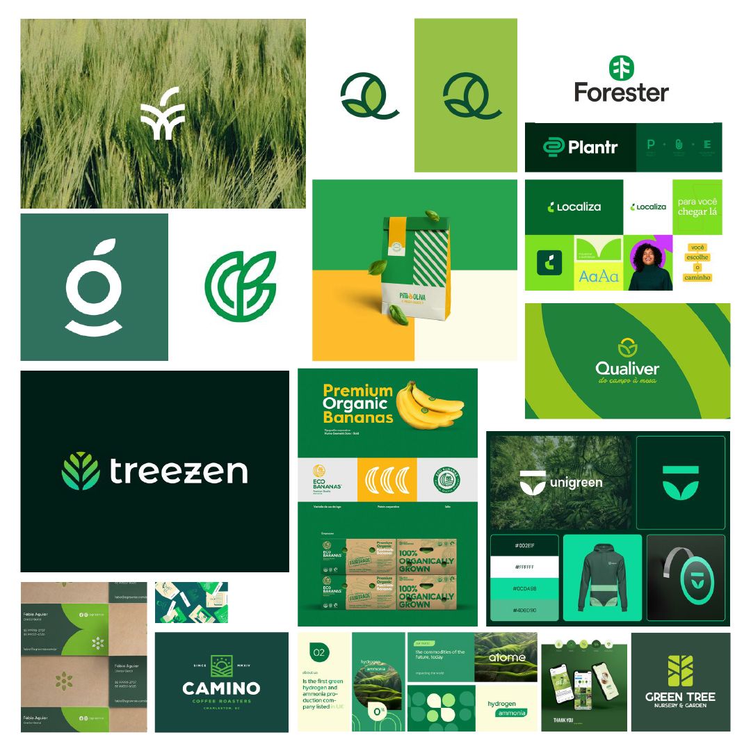 Collage of eco-friendly brand identity designs featuring logos, color palettes, packaging, business cards, and brand guidelines in shades of green; nature-themed marks with leaves, plant motifs, and organic branding layouts.