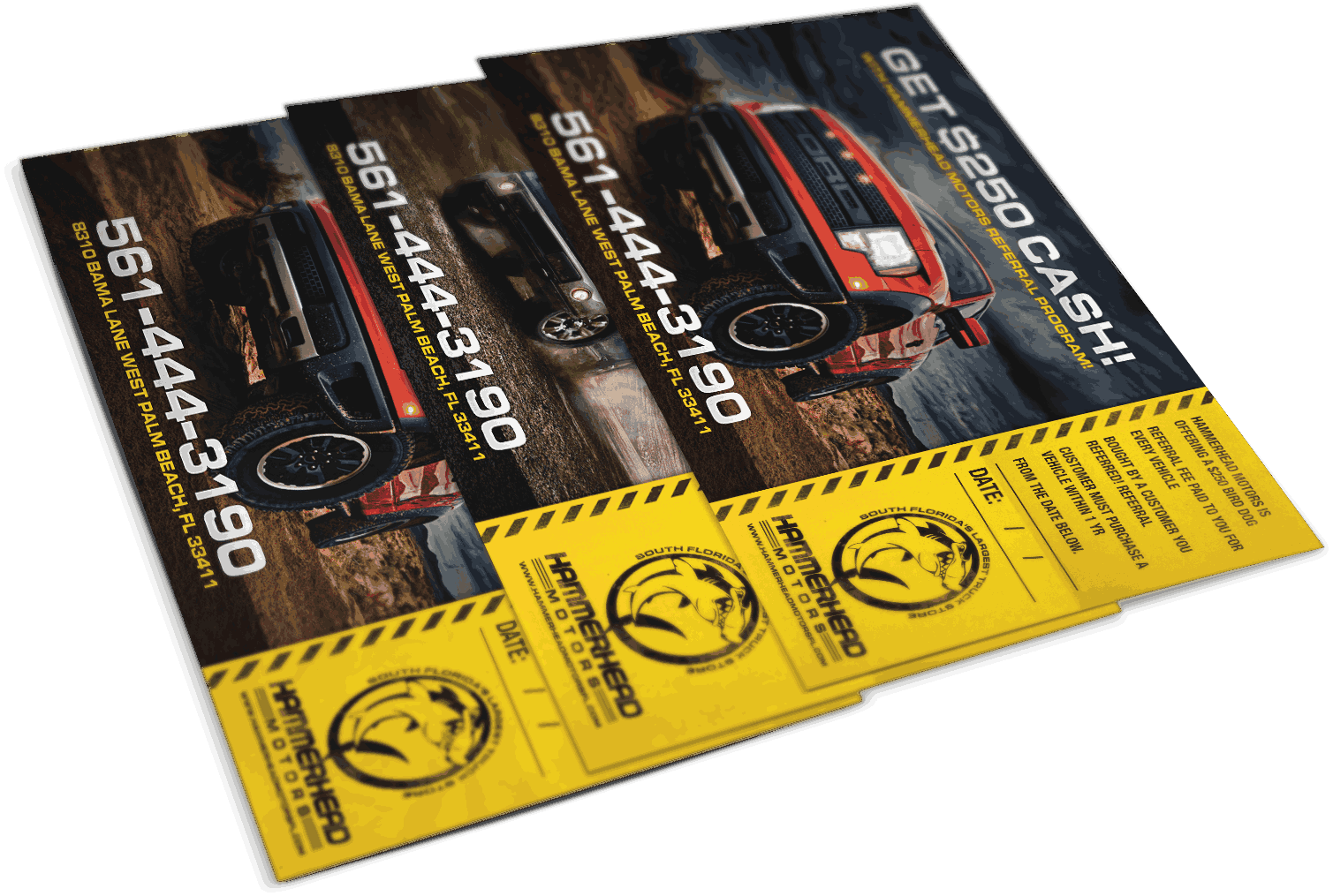 Stacked promotional flyers for Hammerhead Motors, featuring a rugged red Ford truck, $250 cash referral offer, contact number 561-444-3190, West Palm Beach address, and branded yellow design with the Hammerhead logo.