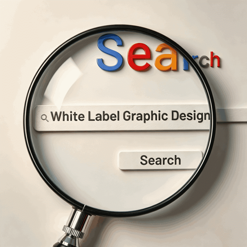 Search bar with White Label Graphic Design text viewed through magnifying glass