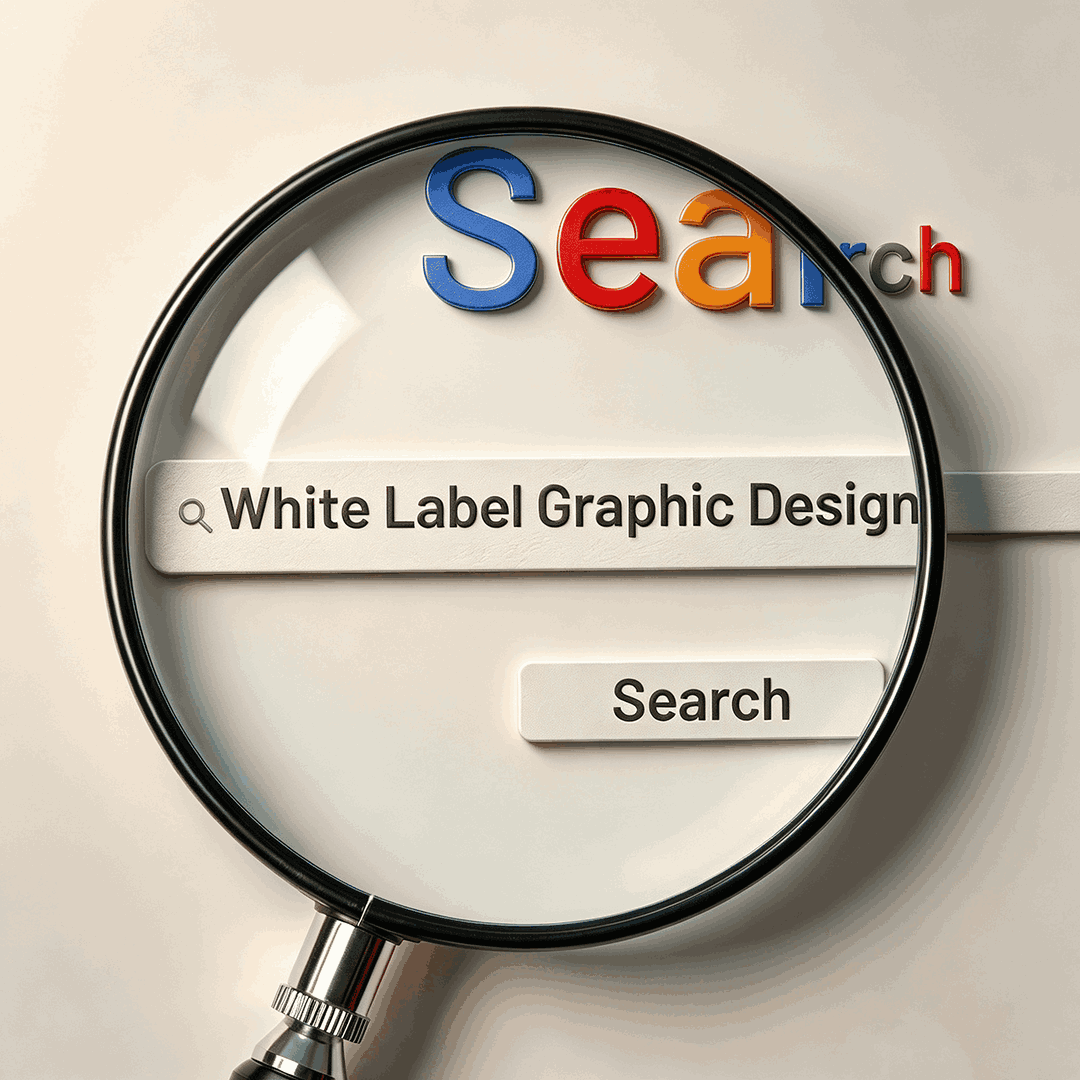 Search bar with White Label Graphic Design text viewed through magnifying glass
