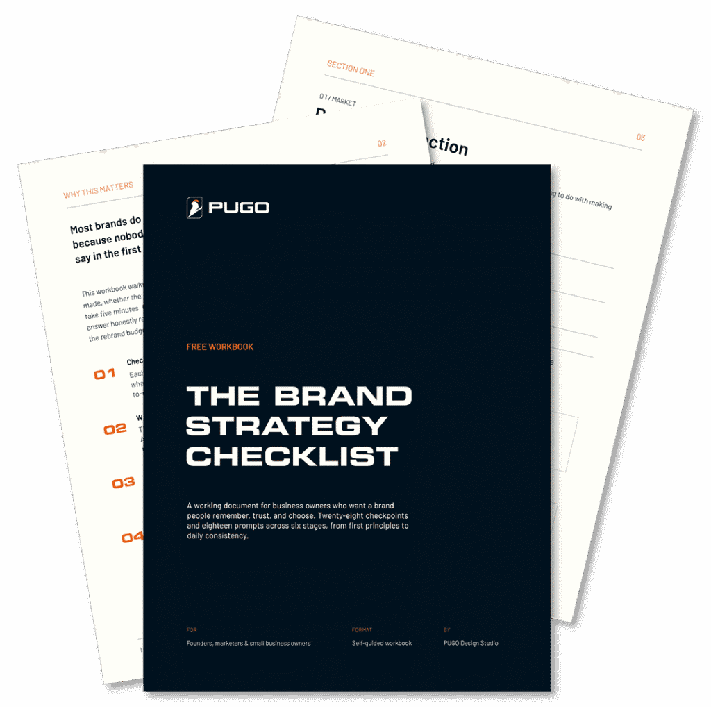 Cover of "The Brand Strategy Checklist" free workbook by PUGO Design Studio, showing the dark cover sheet and partial inner pages with numbered sections.
