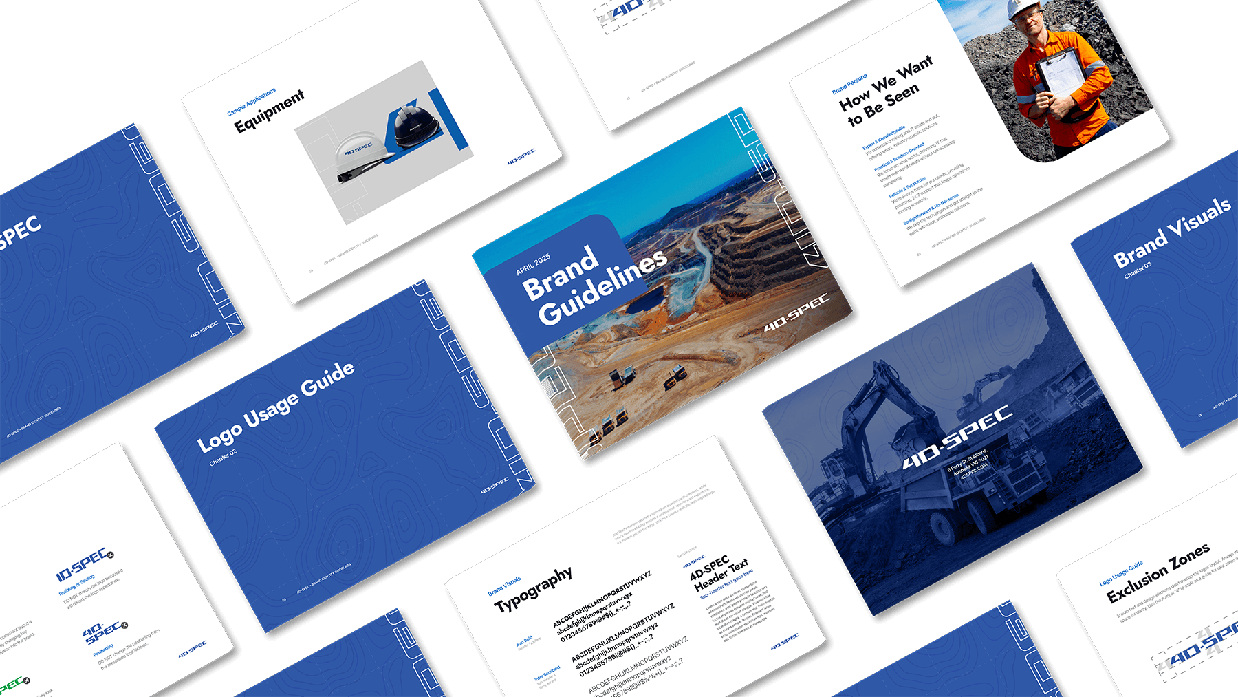 Spread preview of 4D-SPEC comprehensive brand guidelines — logo usage, typography, visual identity, brand persona, equipment application, and mining-themed design pages