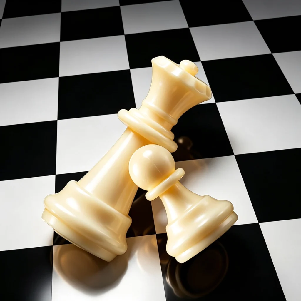 Two elegant cream chess pieces — a larger queen and a smaller pawn — resting together on a black-and-white checkered board; symbolizing the difference in scale, support, and capability between a boutique branding agency and an individual freelancer.