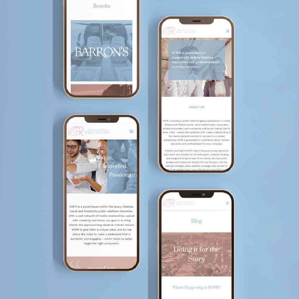 Four smartphone mockups on a soft light-blue background displaying the KOPR (Kelly O'Shea Public Relations) responsive mobile website design. Screens show the homepage, About Us section, Results page featuring Barron's, and Blog section. Design features elegant serif typography, warm rose-gold accents, soft blue overlays, and professional imagery reflecting luxury travel, hospitality, and public relations branding.