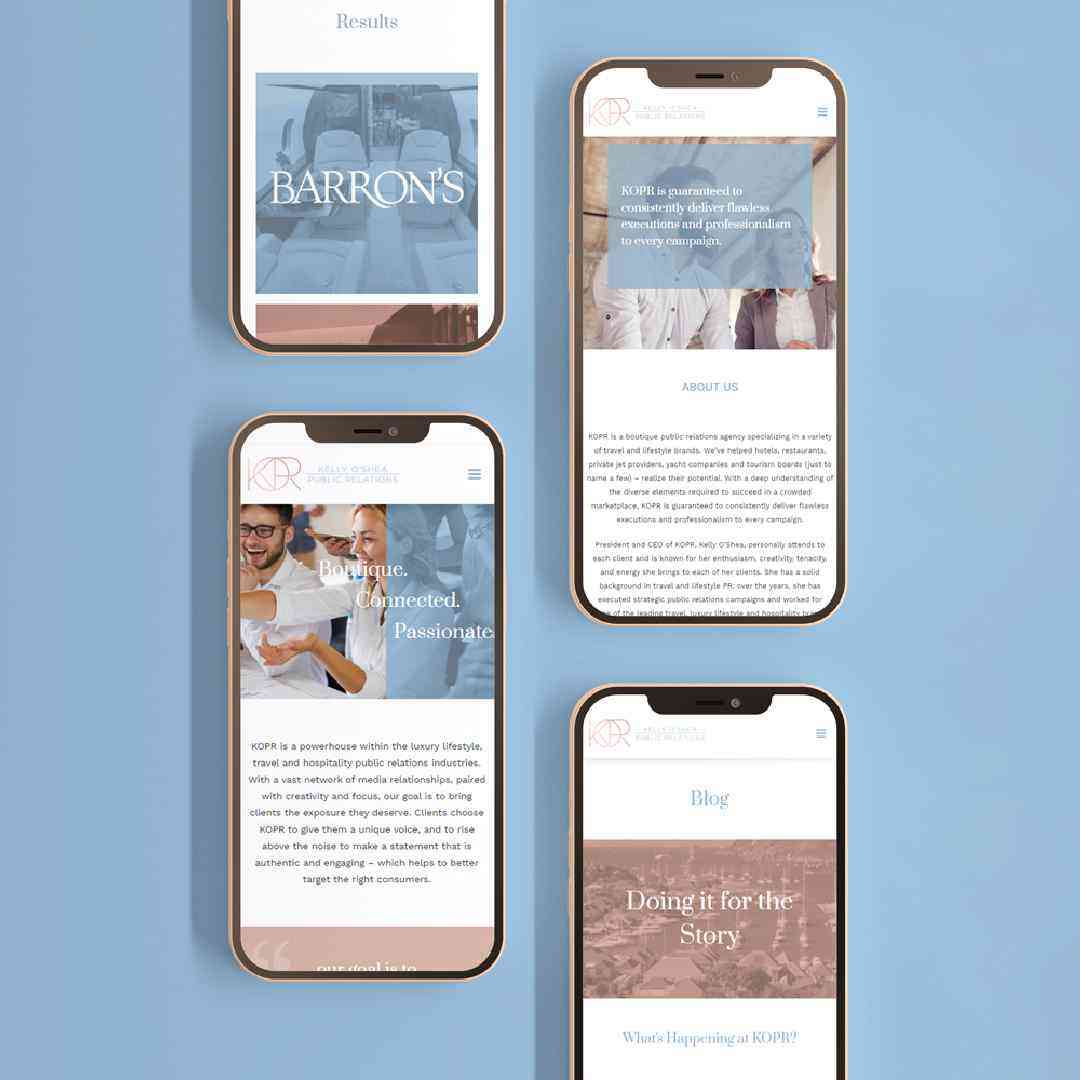 Four smartphone mockups on a soft light-blue background displaying the KOPR (Kelly O'Shea Public Relations) responsive mobile website design. Screens show the homepage, About Us section, Results page featuring Barron's, and Blog section. Design features elegant serif typography, warm rose-gold accents, soft blue overlays, and professional imagery reflecting luxury travel, hospitality, and public relations branding.
