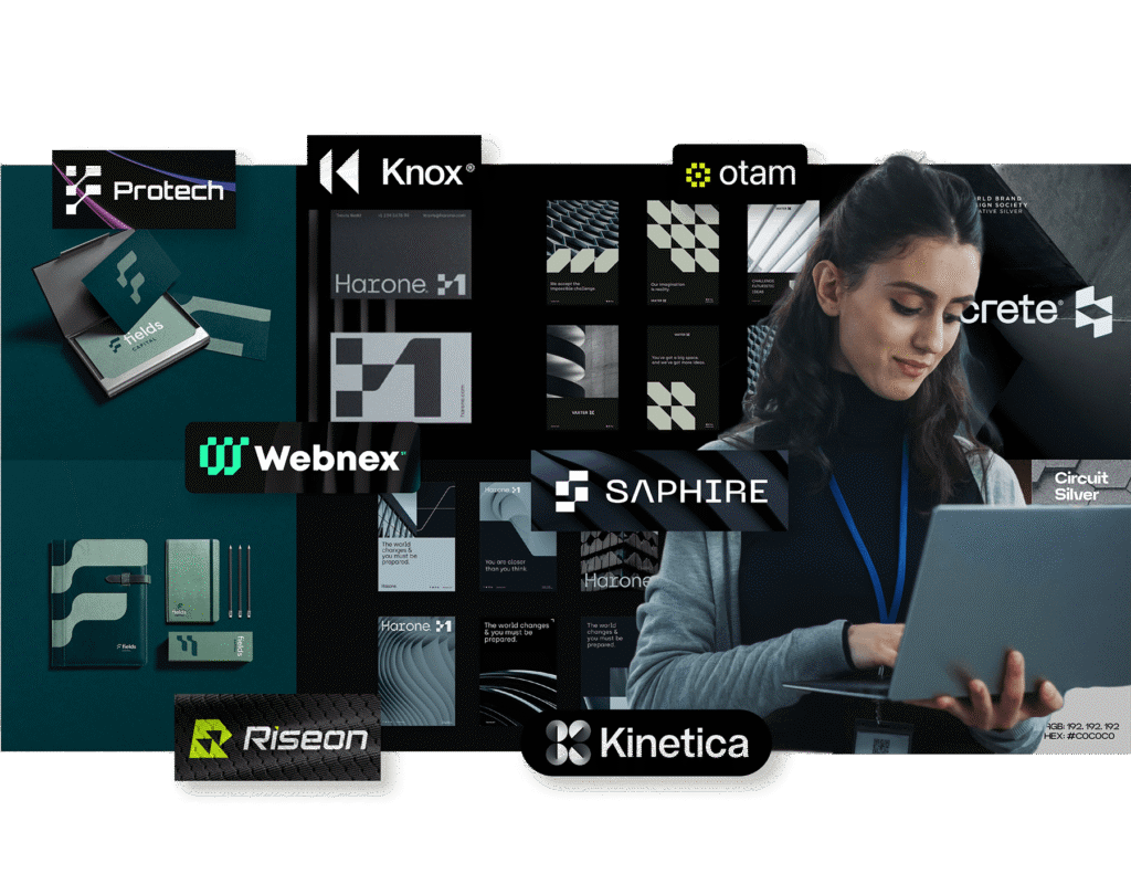 Collage of professional brand identity projects including Protech, Knox, Harone, Webnex, Riseon, Otam, Crete, Saphire, and Kinetica — modern tech and corporate branding systems