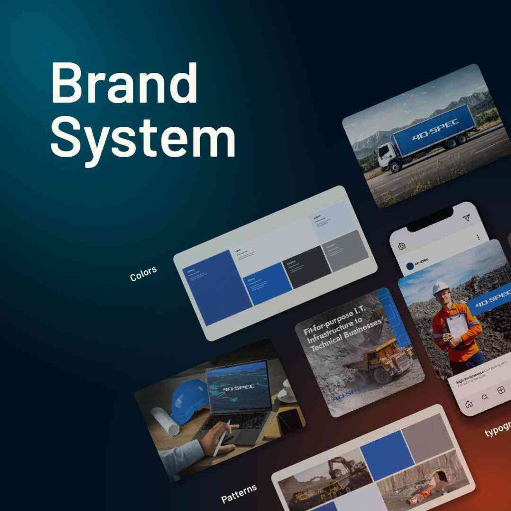 Brand System graphic showing complete identity framework: logo, color palette, typography, patterns, and real-world application across website, social media, and vehicle branding for engineering business 4D-SPEC