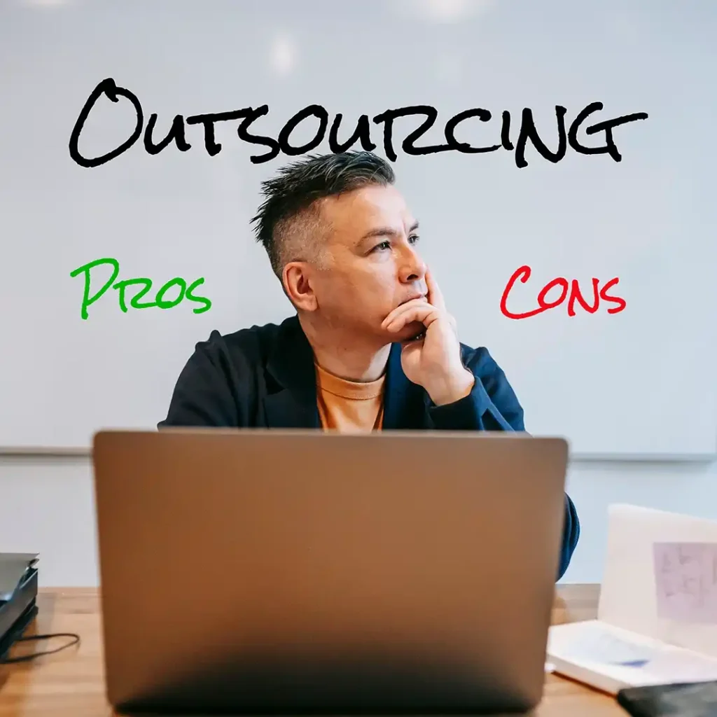 Business professional thoughtfully weighing the pros and cons of outsourcing graphic design — green Pros on one side, red Cons on the other, representing the balanced decision to outsource or keep creative work in-house