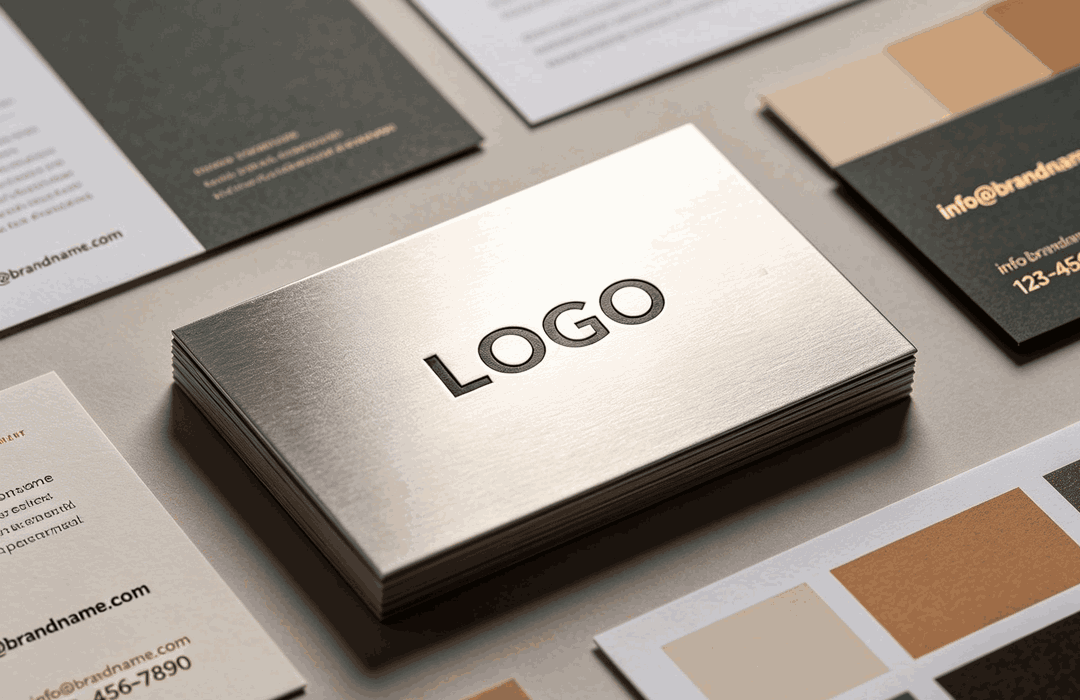 1080×1080 featured brand design image: A premium metallic business card at the center displays bold "LOGO" text, surrounded by matching brand assets including letterheads, flyers, secondary business cards, and official color palettes — highlighting consistent typography, color usage, and complete brand identity presentation.