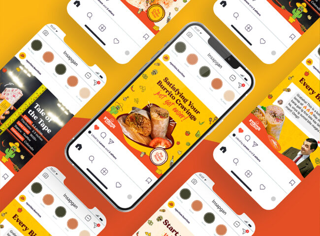 Set of Instagram post designs for Nyoritas Burritos, with bold yellow‑orange branding, appetizing burrito photos, taglines, and interactive UI elements displayed across multiple smartphone screens.