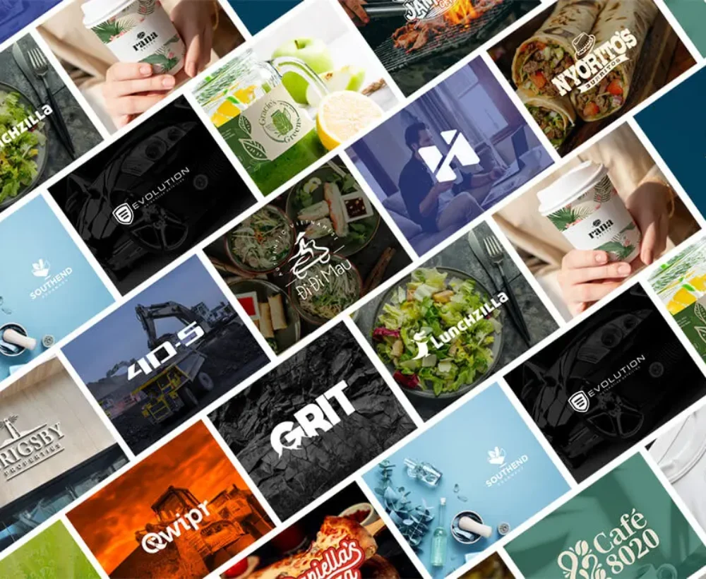 Collage grid showcasing diverse brand identity projects: logos, packaging, and branded photography for food, hospitality, construction, and professional services businesses including Lunchzilla, Daniella’s Pizza, Riana, Grit, and Southend.