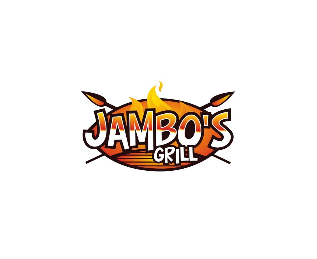 Jambo's Grill logo featuring an orange flame and crossed skewers design with the restaurant name in white lettering