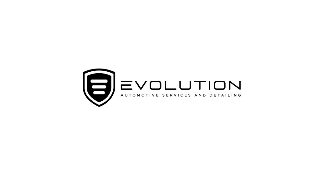 Evolution Automotive Services and Detailing logo in black, featuring a shield mark with three horizontal bars beside the wordmark